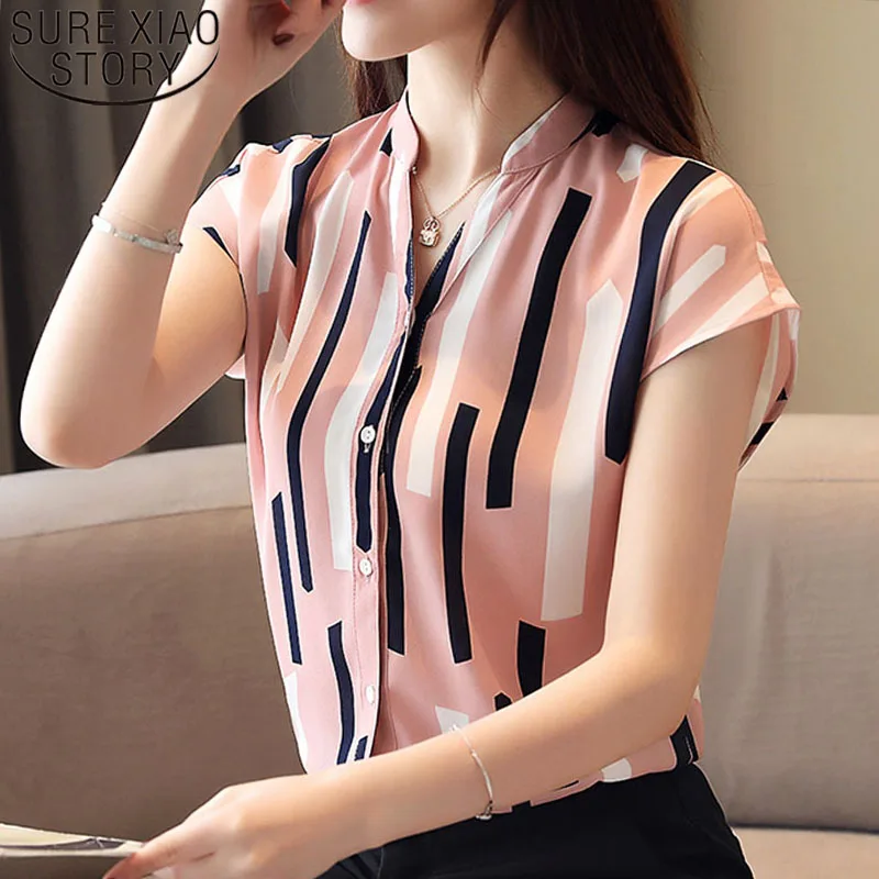 

Blusas mujer de moda 2019 ladies tops shirts women chiffon shirt button shot top for women clothing Striped V-Neck 4723 50