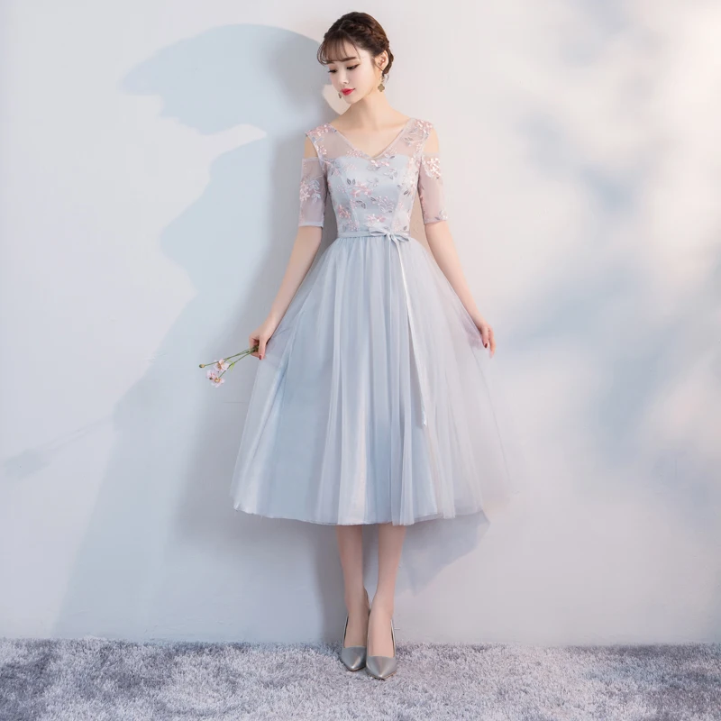 

Blue Grey Color Bridesmaids Dresses Elegant V-neck Embroidery Tea-Length Sexy Plus Size Party Dress Wedding Dress Short Frocks
