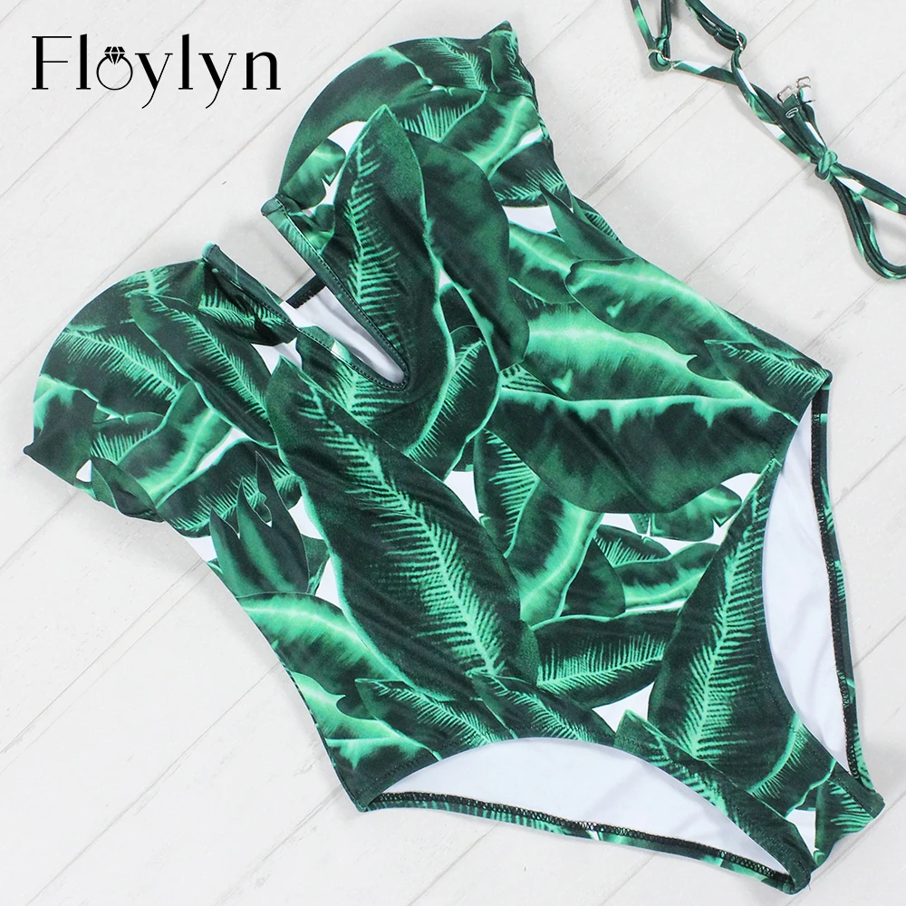 Floylyn, тропический принт, Цельный купальник, женская одежда для плавания, v-образный вырез, зеленый лист, боди, пляжный купальник, купальник, монокини, купальник