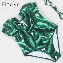 Floylyn, тропический принт, Цельный купальник, женская одежда для плавания, v-образный вырез, зеленый лист, боди, пляжный купальник, купальник, монокини, купальник
