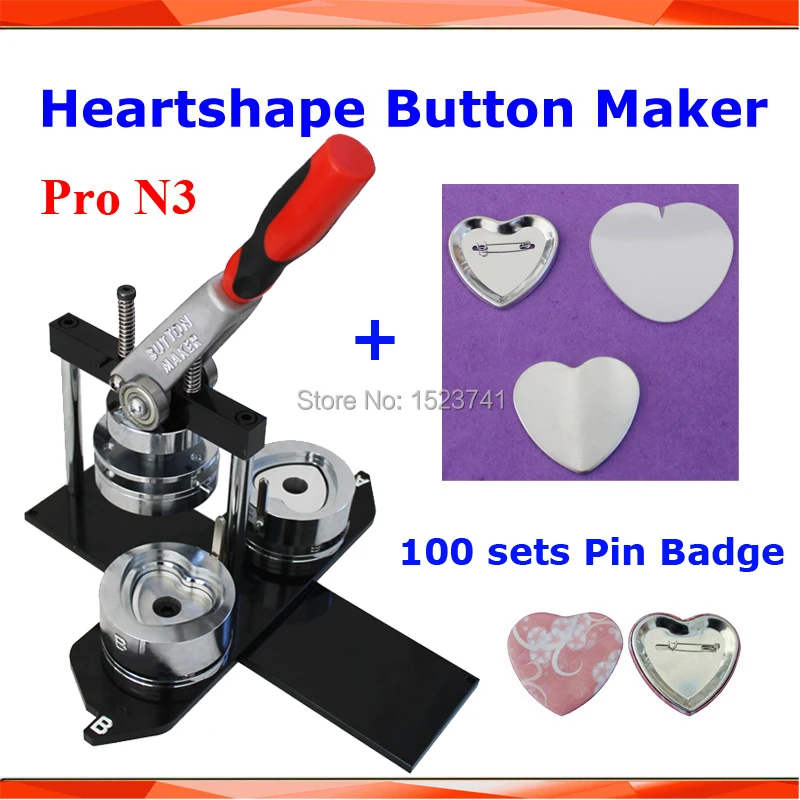 Pro N3 Heart Shape 57x52mm Badge Button Maker Machine with Interchangeable Die Mould +100 Sets Metal Pinback Supply