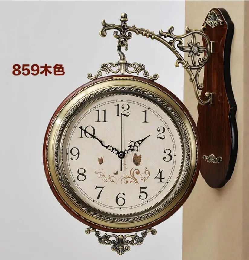 Роскошные часы в американском стиле из цельного дерева и металла, Двухсторонние настенные часы, большие модные креативные часы в европейском стиле для дома