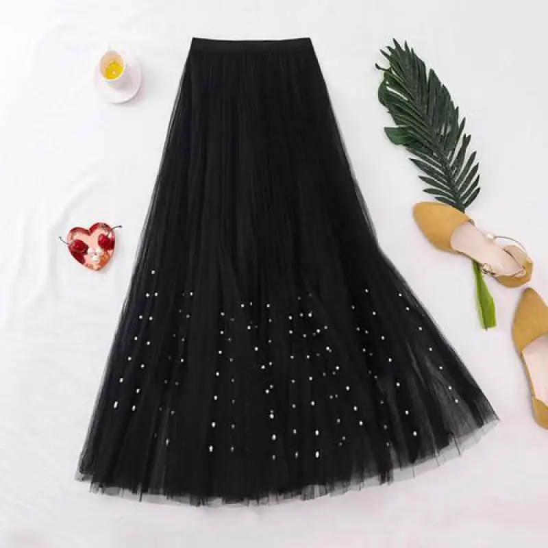

2019 New Women Mesh Midi Skirts Summer Fashion Nail Bead Pleats Long Skirt Ladies Plus Size Black Skirt Clothes