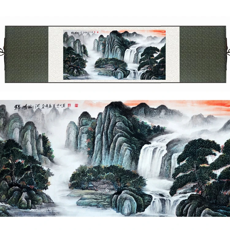 

Traditional Chinese Silk watercolor Pine Hill Waterfall Landscape Feng Shui canvas wall picture damask framed scroll painting F8