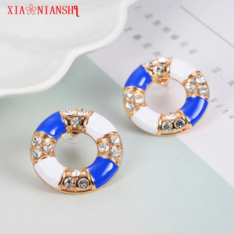 

Fashion Boat Element boucle d'oreille femm 2019 Jewelry Creative Circle Shape Earring Enamel Blue Vintage Earrings For Women