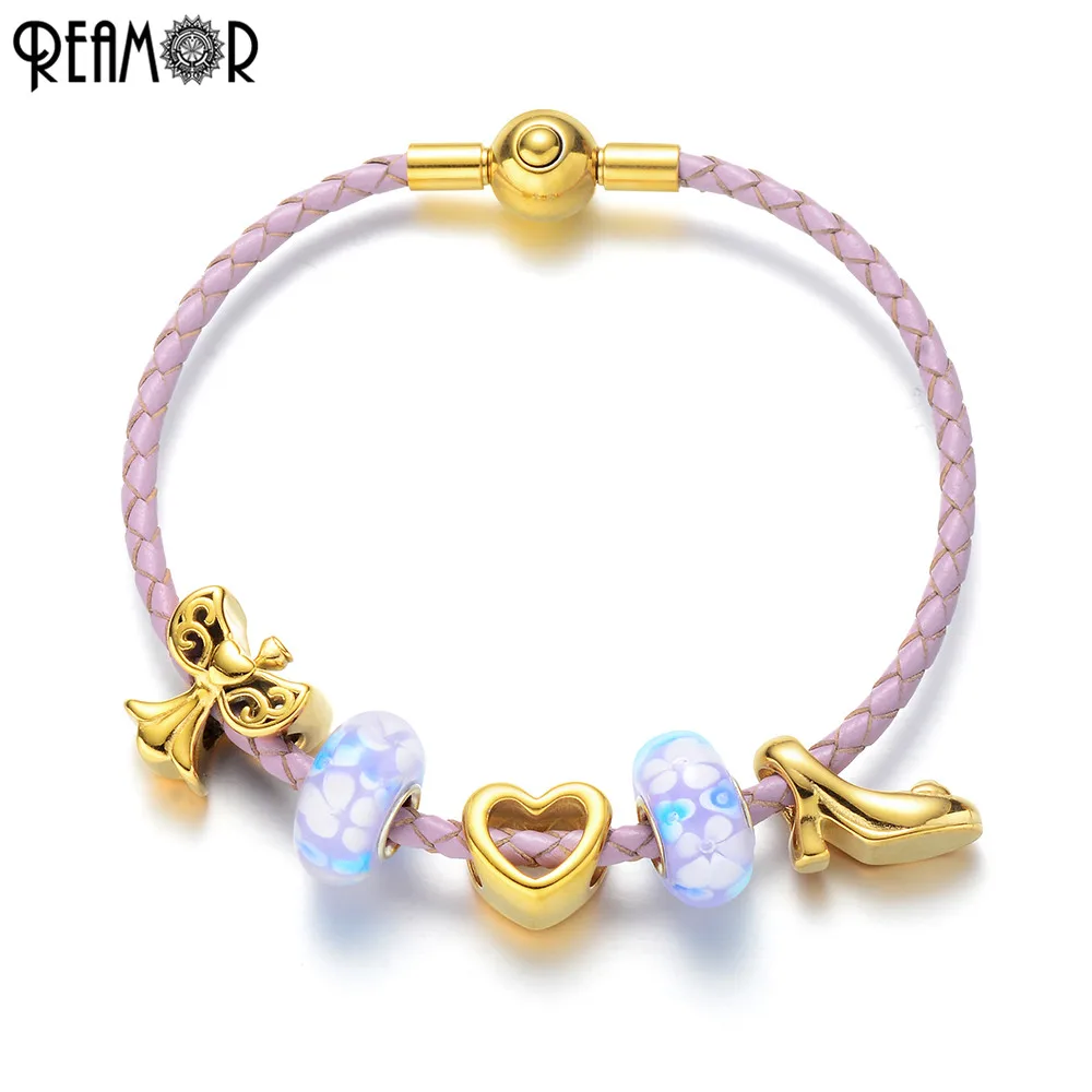 

REAMOR Purple Genuine Leather Braided Rope Chain Women Bracelet Plating Gold Beads Bracelets Jewelry DIY Beaded Cuff Bangles
