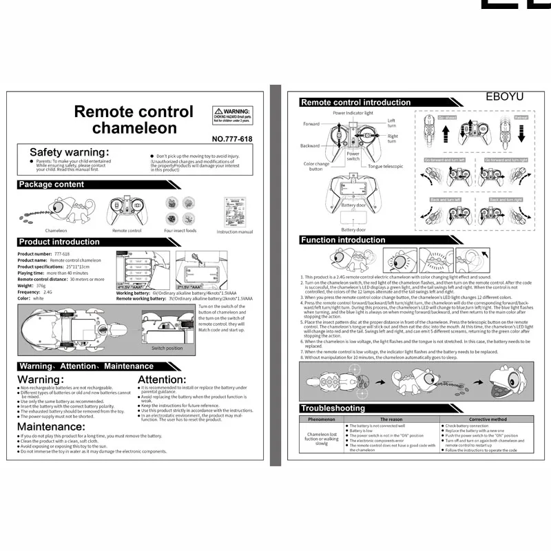 EBOYU 777-618 RC роботизированной игрушечный Хамелеон студийной съемки с изображением Цветной светодиодный свет и ошибка ловли Action RC робот Голодные Хамелеон Игрушки для домашних животных