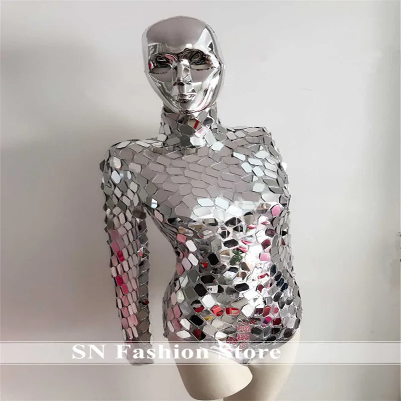 

R28 Singer ballroom dance stage silver mirror costumes female bodysuit dj dresses catwalk performance robot outfits party wears