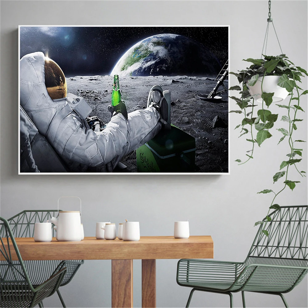 Забавный плакат абстрактная живопись в виде космонавта, питья пива «Moon Space» холст картины для Гостиная кофе, wall-Art домашний декор Куадрос