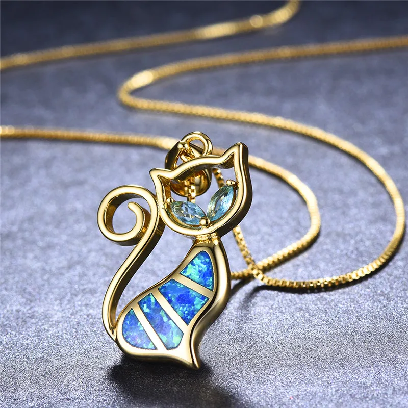 Boho женщины дамы кошка подвески глаза ожерелье s синий камень огненный опал колье ожерелье s Мода Желтое золото заполненное ожерелье в виде животного