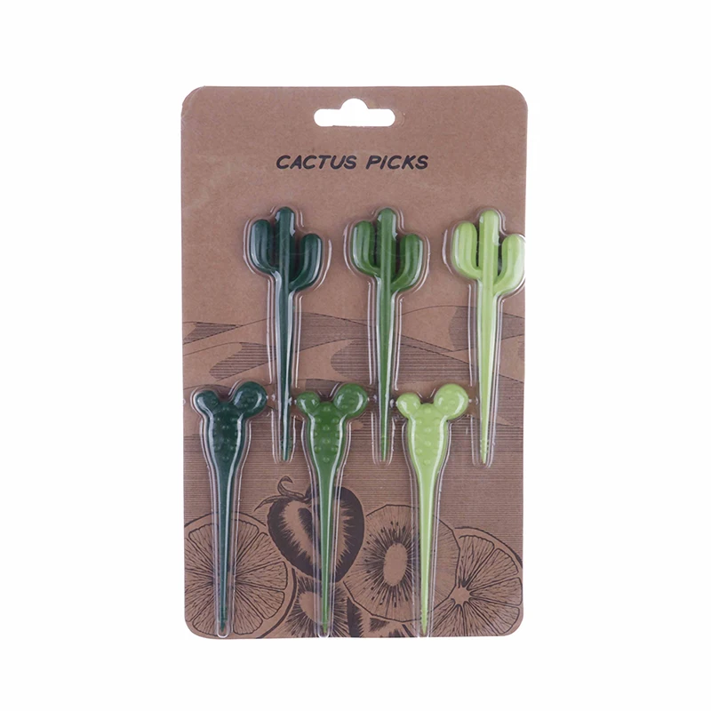 6pcs/pack Fruit Fork Green Cactus Fruit Forks Plastic Toothpick Kids Tableware Food Picks