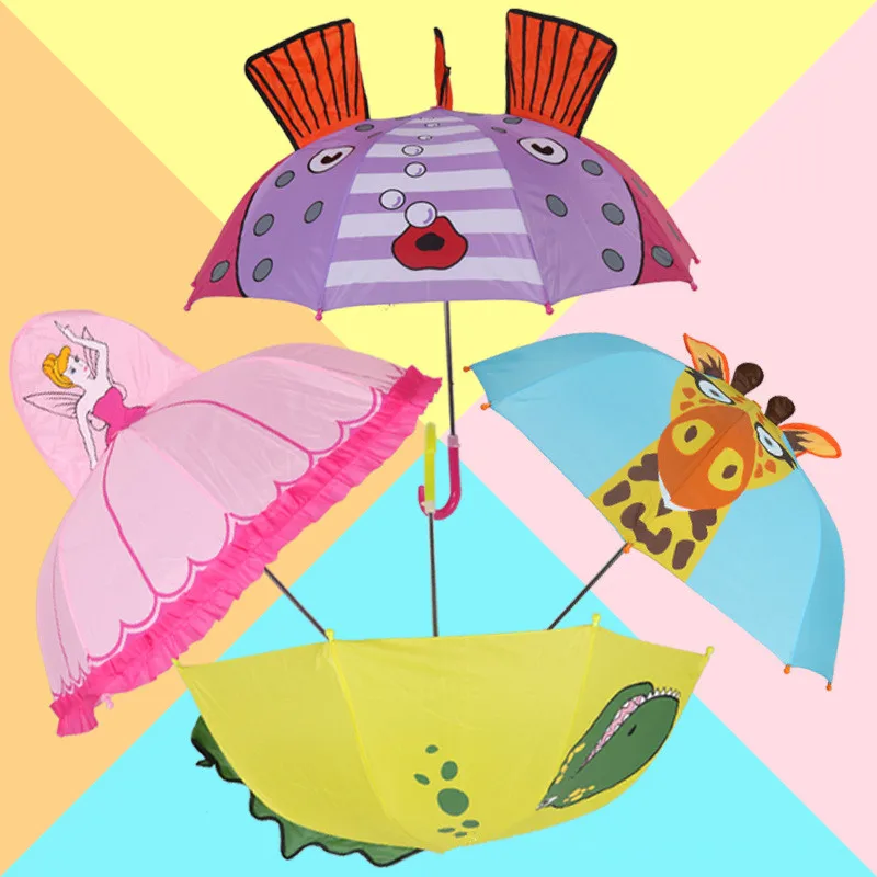 Детский зонтик с длинными ручками и рисунком дождя с 3D принтом животных, милый зонт для мальчиков и девочек, защита от солнца, Детские уличные инструменты YS050