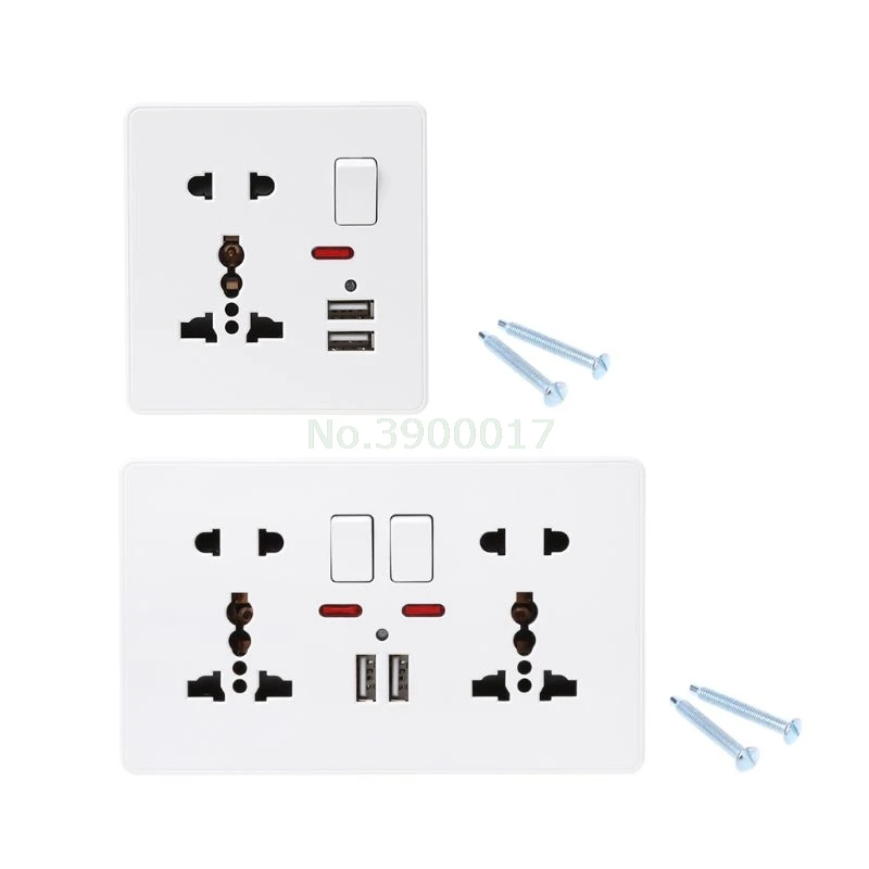 

220-250V Wall Socket With LED Light Switch 86 Type 5 Holes Double USB White PC Panel