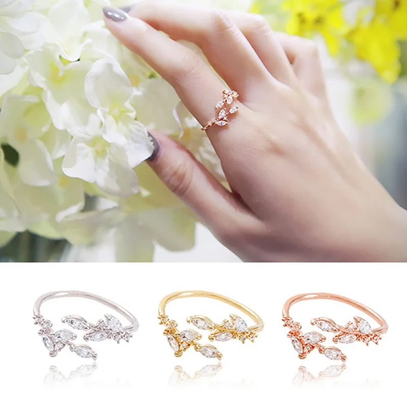 

2019 New Fashion White Rose Gold Zircon Leaf Ring For Women Ladies Girls Birthday Party Gifts Jewelry Wholesale