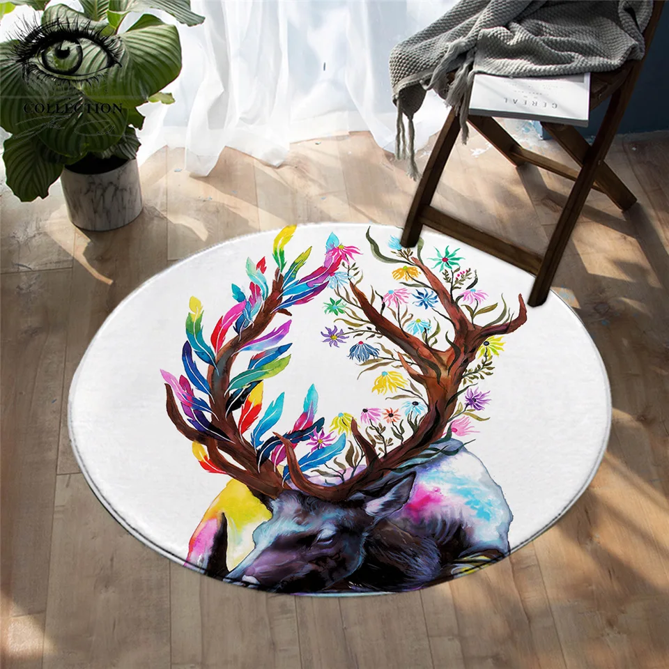 

King of the Forest by Pixie Cold Art Round Carpet Elk Non-slip Floor Mat Animal Colorful Area Rugs Watercolor Floral alfombra