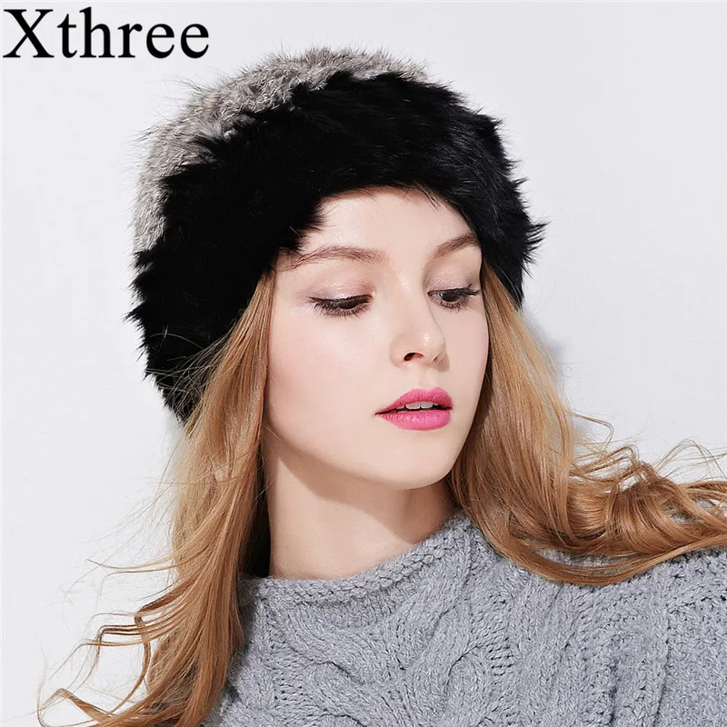 

Xthree Зимняя Шапка-бини из кроличьего меха для женщин и девочек с помпоном из меха енота, двухслойная вязаная шапка