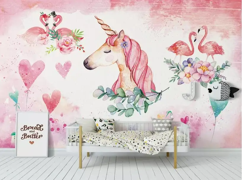 Пользовательские 3D фото обои современные розовые ручная роспись Любовь Фламинго Единорог ТВ фон 3d обои с росписью для спальни