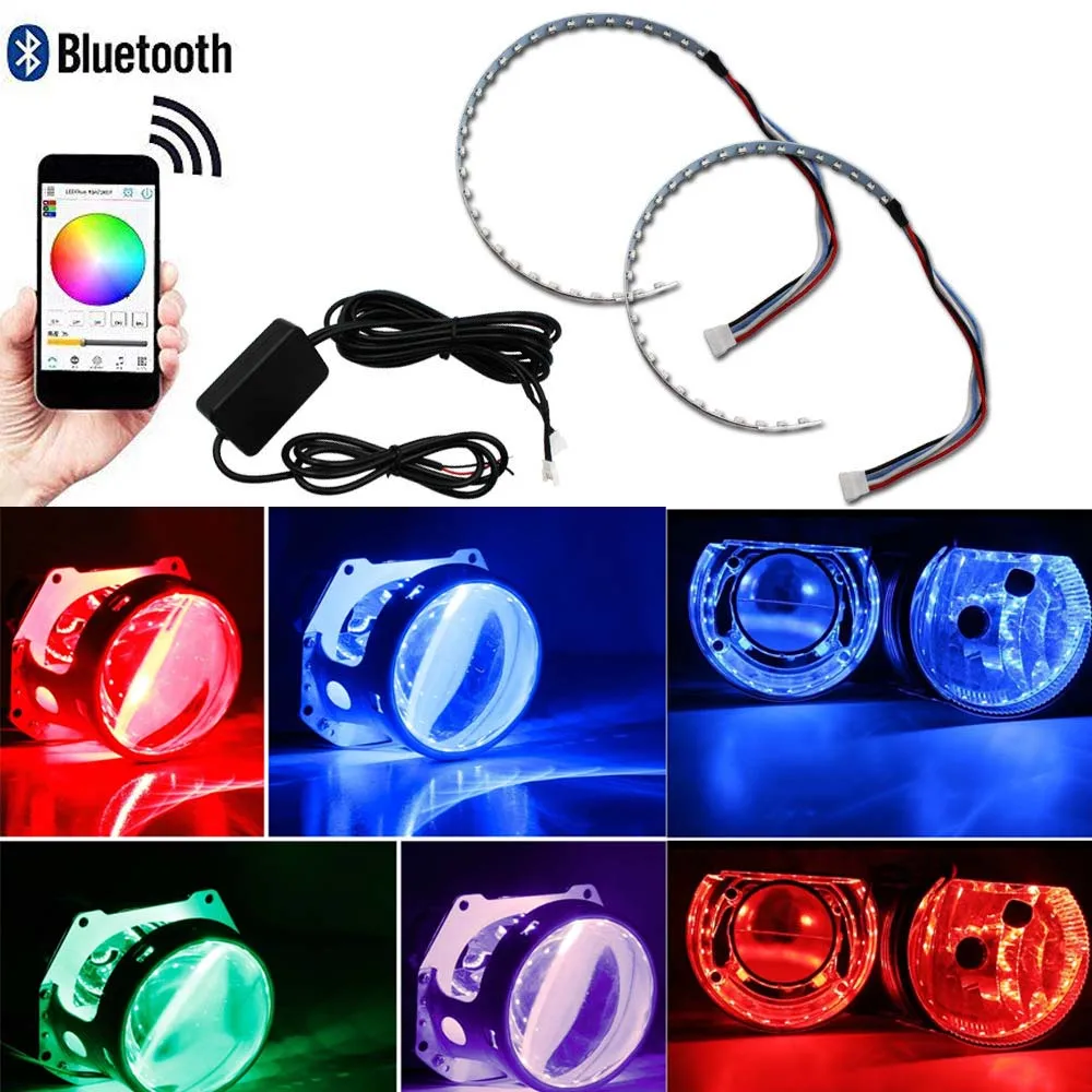 Demon Eyes Headlights Halo Ring Bluetooth Remote RGB LED Retrofit Projector Lens For Car Truck Demon Eyes Headlights Halo Ring Bluetooth Remote RGB LED Retrofit Projector Lens For Car Truck