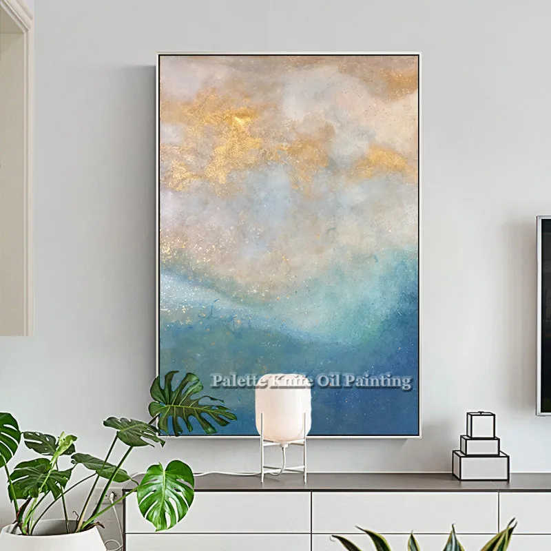 Gold blue Sea wave acrylic abstract print paintings Wall art print on Canvas cuadros decoracion for living room wall decoracion