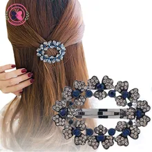 Haimeikang Women Fashion Hollow Rhinestone Hair Clip Hair Accessories Princess Blue Crystal Flower Spring Clip Hair Pins Gifts