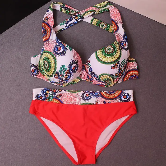 Sexy retro red flowers tall waist has the steel tower great chest of