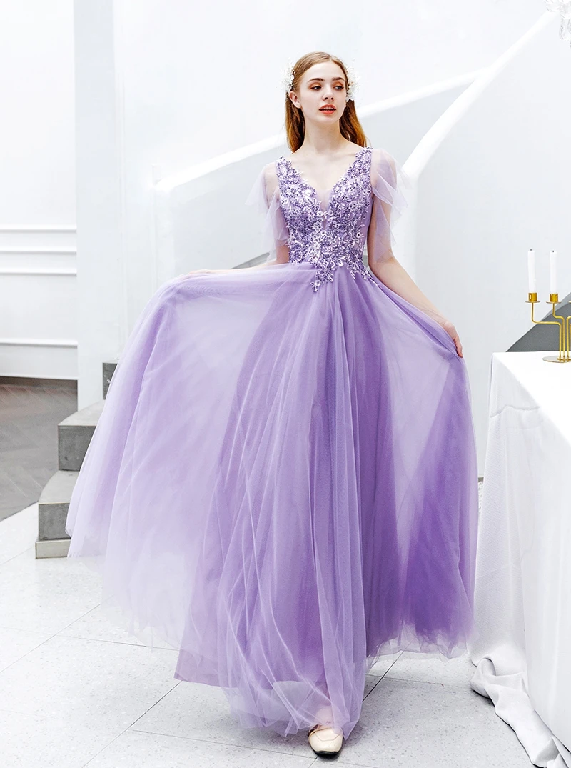 Light Purple Prom Dresses For Girles V Neck Sheer Sleeve Appliques robe de soiree Appliques Formal Party Tulle Evening Gown