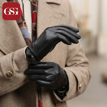 

GSG Brand Men Sheepskin Genuine Leather Gloves Driving Winter Touchscreen Fashion Warm Knitted Wool Lined Black Brown Mittens