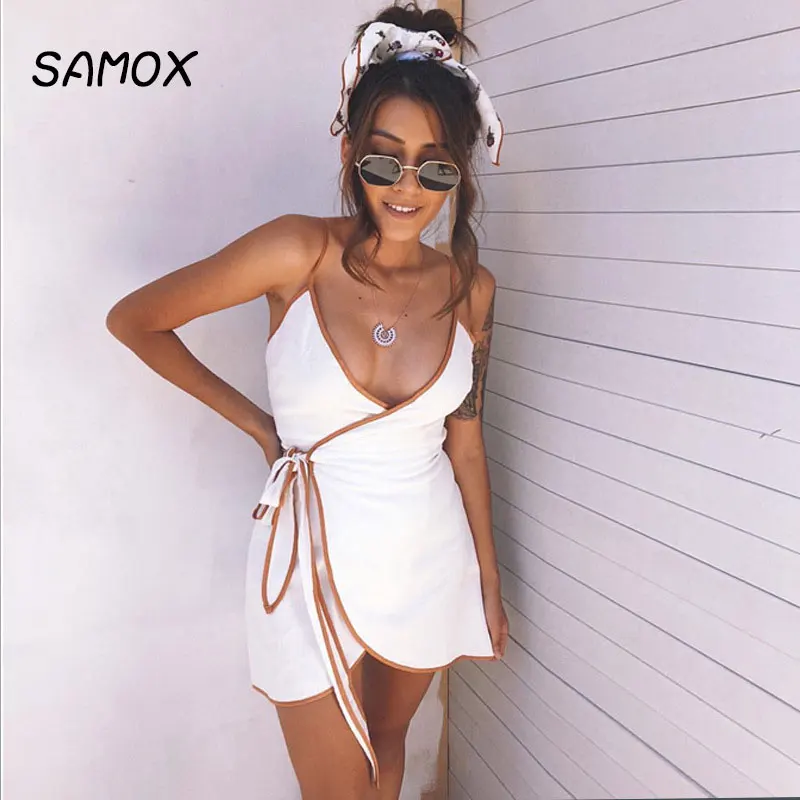 

JSMY 2019 New Summer Fashion Women V-Neck Sling Cross Strap Solid Color White Dress