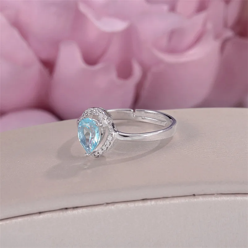 Rings For Women Fine Jewelry 100% Silver Natural Topaz Blue Water Drop Gemstone Ring Simple Classic Accessories R-TO013