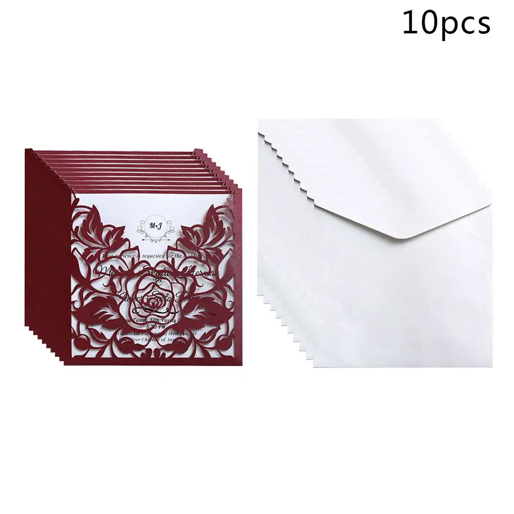  10pcs/lot Lace Pocket Wedding Invitations Cards Square Laser Cut Rose Flower Greeting Card Invitati - 4.00001E+12