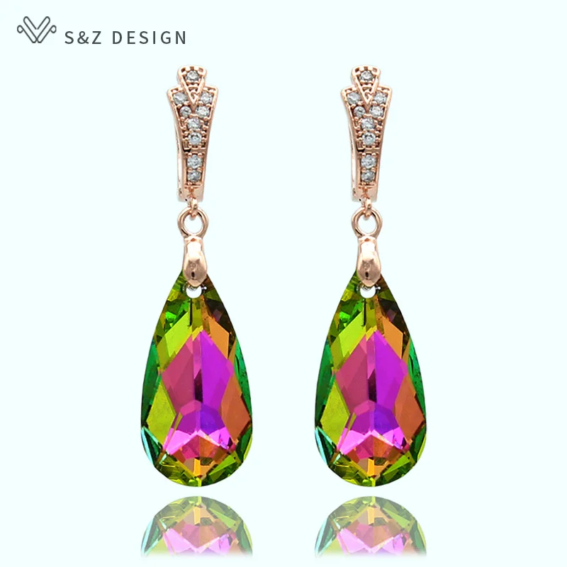 S&Z New 6 Colorful Imitation Crystal Long Water Drop Dangle Earrings 585 Gold Color For Women Wedding Party Gift Jewelry