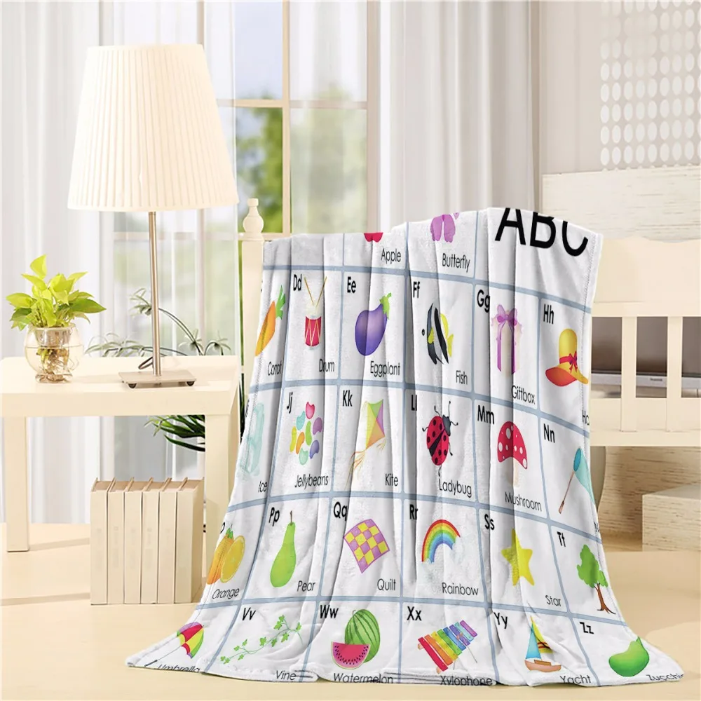 Kids Funny Educational Alphabet Letters Kite Xylophone Ladybug Zucchini Drum Lovers Art Flannel Throw Blanket Lightweight | Дом и сад