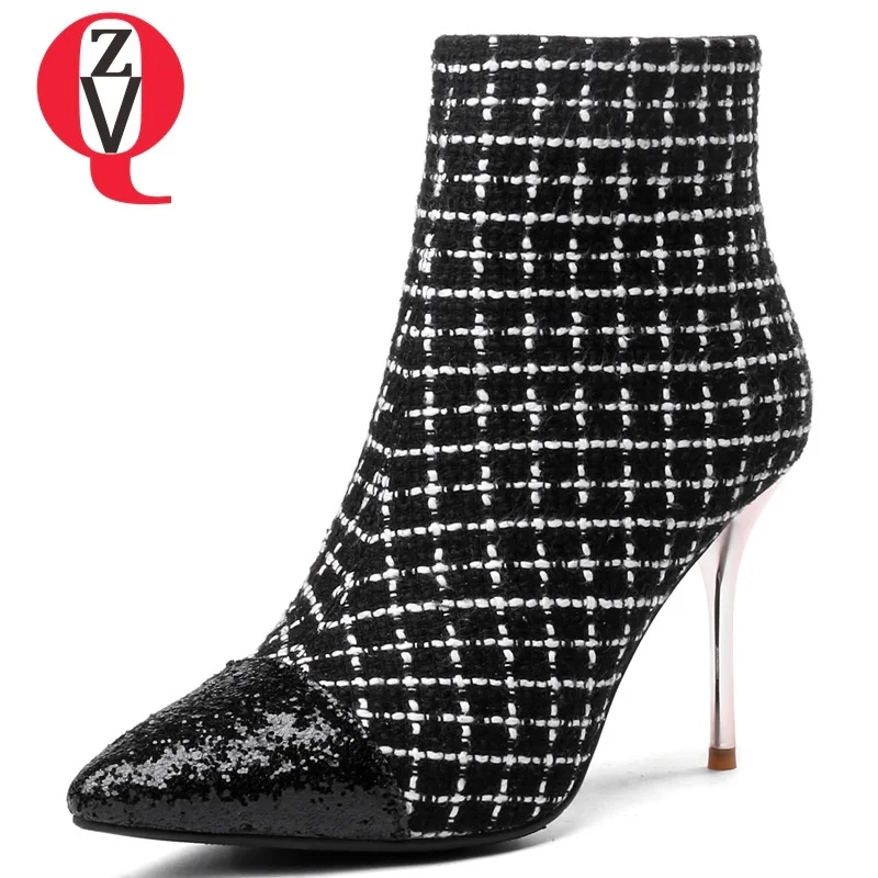 

ZVQ 2018 new fashion sexy pointed toe super high thin heel hemp bling women party ankle boots winter warm black large size shoes