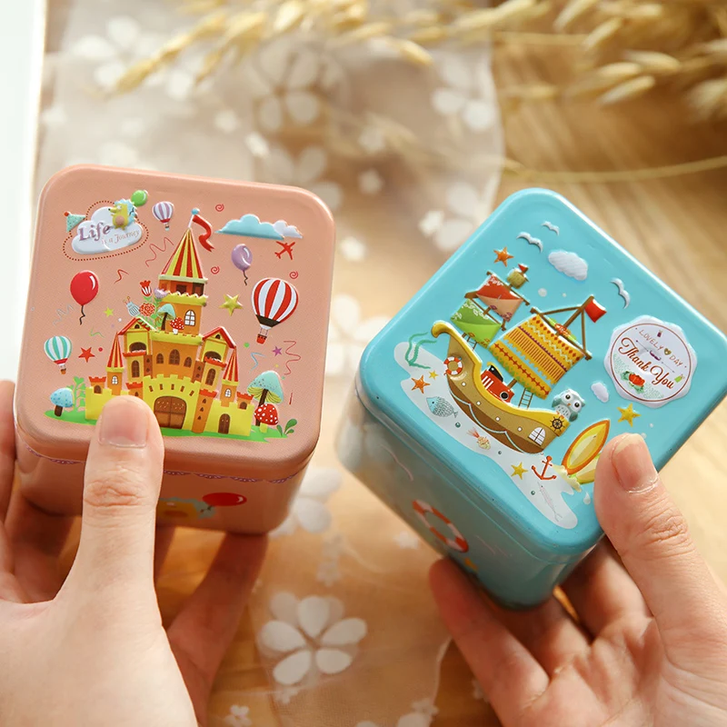 

Square Mini Cute Colorful Cartoon 7.5 x 7.5 x 6.5cm Candy Pill Lipstick Tin Storage Coin Box Wedding Party Candy Gift Tin Box