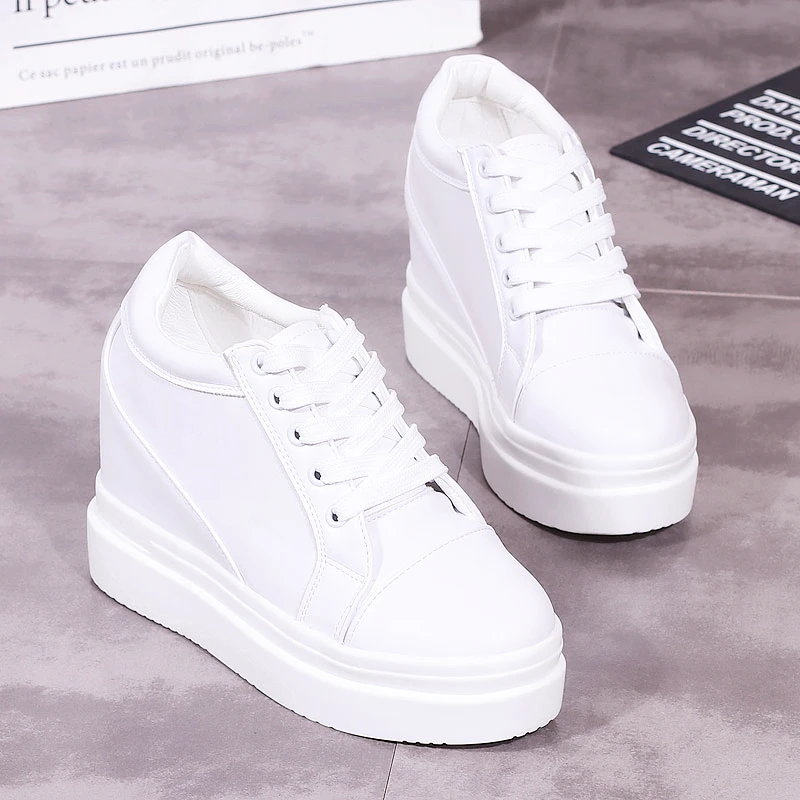 10cm Increase Flat Platform Shoes Female Thick Sole Students Casual Shoes Woman Flats Lace Up Solid White Black Women Shoes