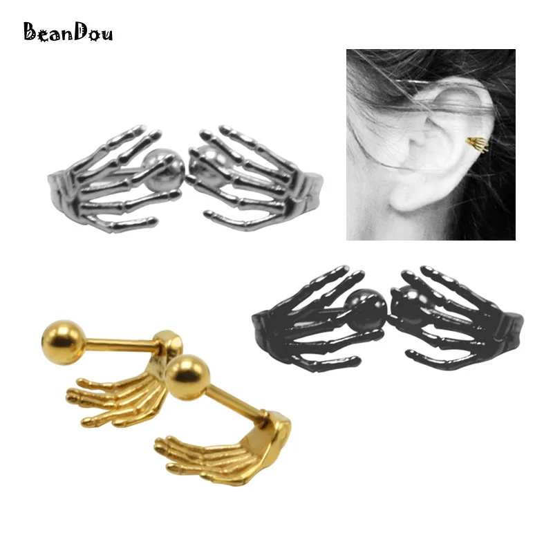 2pcs cartilage stud earrings tragus ear plugs stainless steel skull hand silver gold black anti-allergic body piercing jewelry1