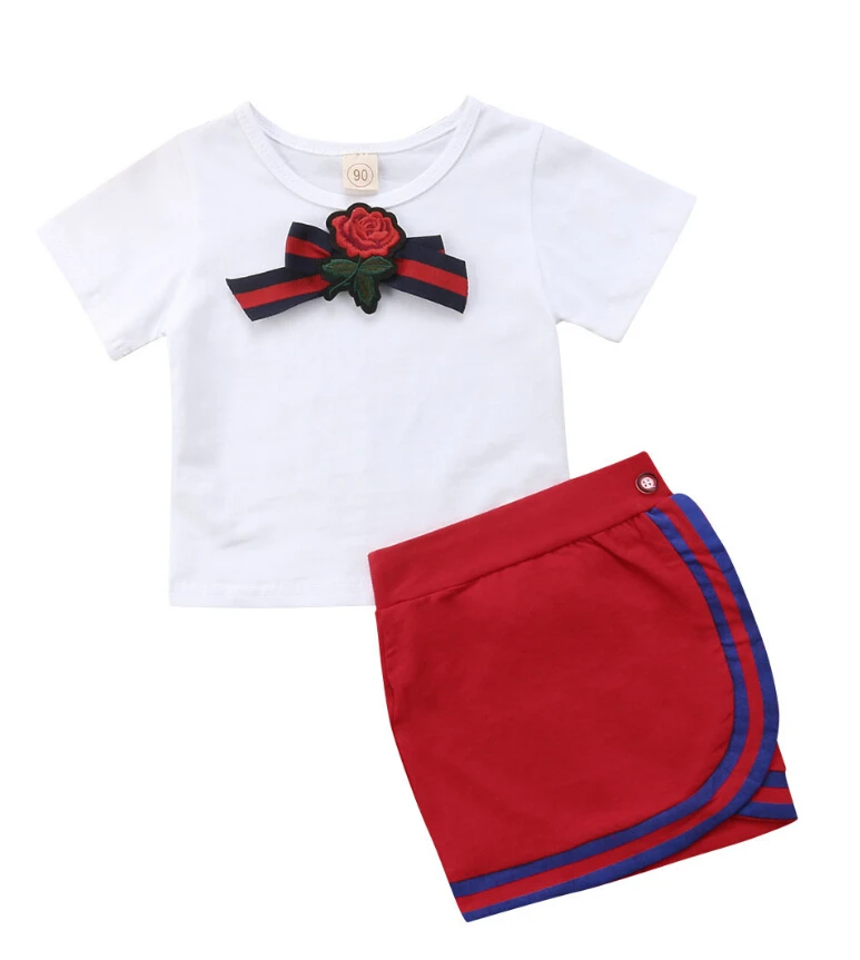 

Lovely 2Pcs Kids Baby Girls Bow Flower Tie Short Sleeves Tops T-shirt+Hip Skirts Fashion Cotton Sweet Girls Outfits Clothes