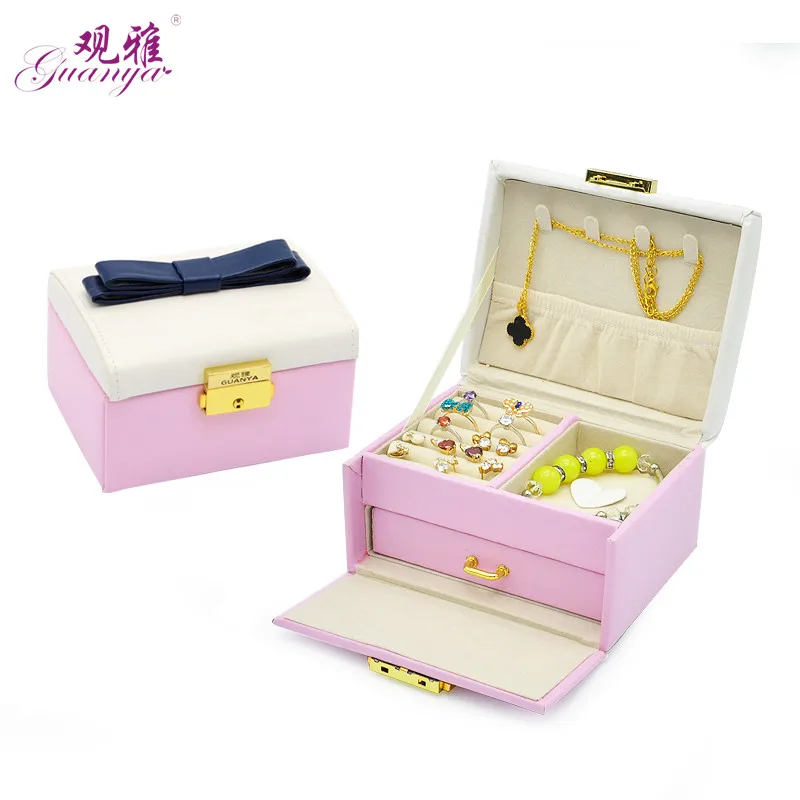 

Factory direct 2018 New Fashion High Quality Leather Jewelry Casket With Bow Cute Pattern Jewelry Box Case For Wedding Gift