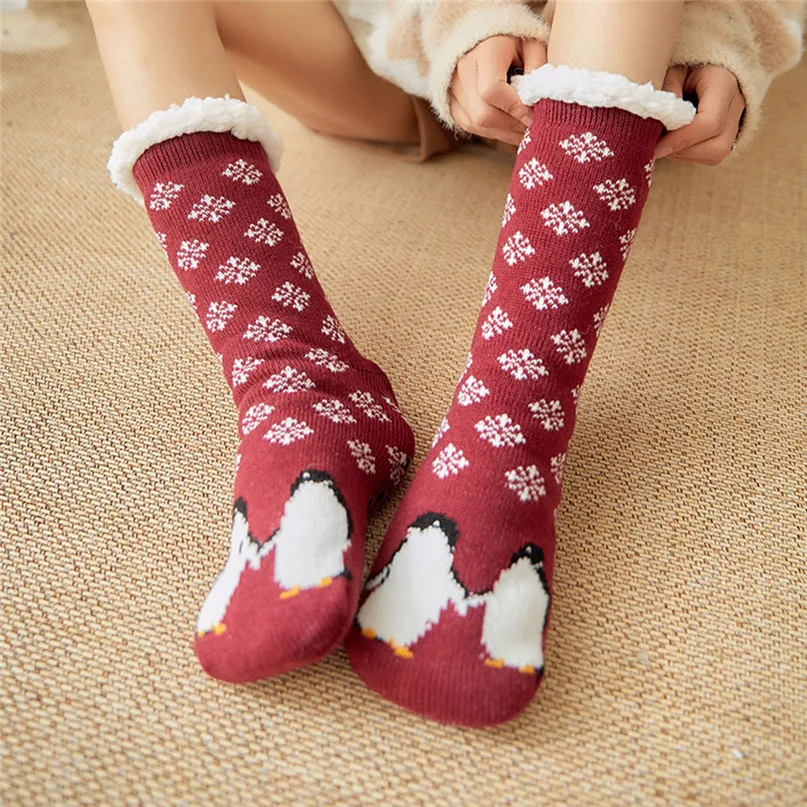 Thick warm sleep socks slippers socks Women Girls Print Cartoon Penguin Warm Winter Non-slip Mid Tube Cute Socks #2d31 (1)
