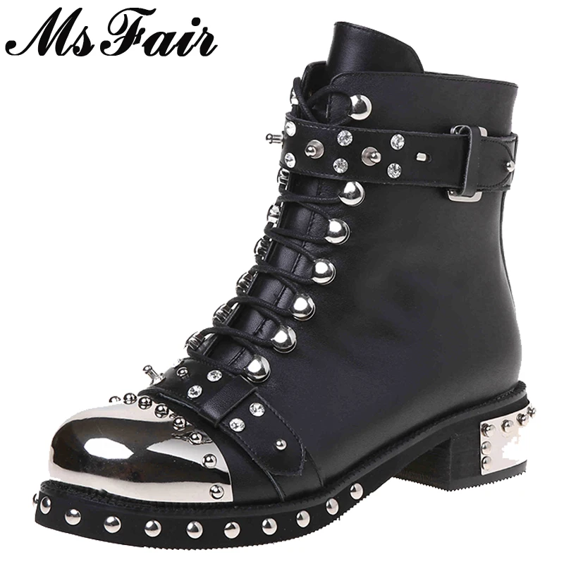 

MSFAIR Round Toe Square heel Women Boot Rivet Crystal Mid Heel Ladies Ankle Boot Winter Short Plush Buckle Women Martin Boots
