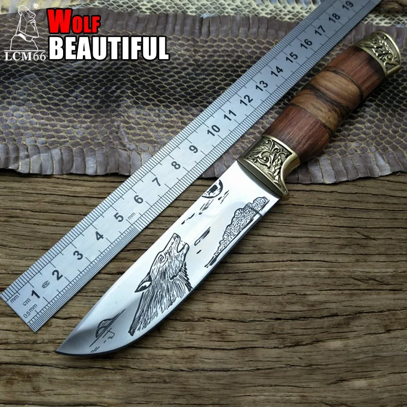 Comprar LCM66 Lobo patrón táctico pequeño fija cuchillos cabeza de cobre + mango de madera sólida cuchillo de supervivencia Camping rescate cuchillo portátil