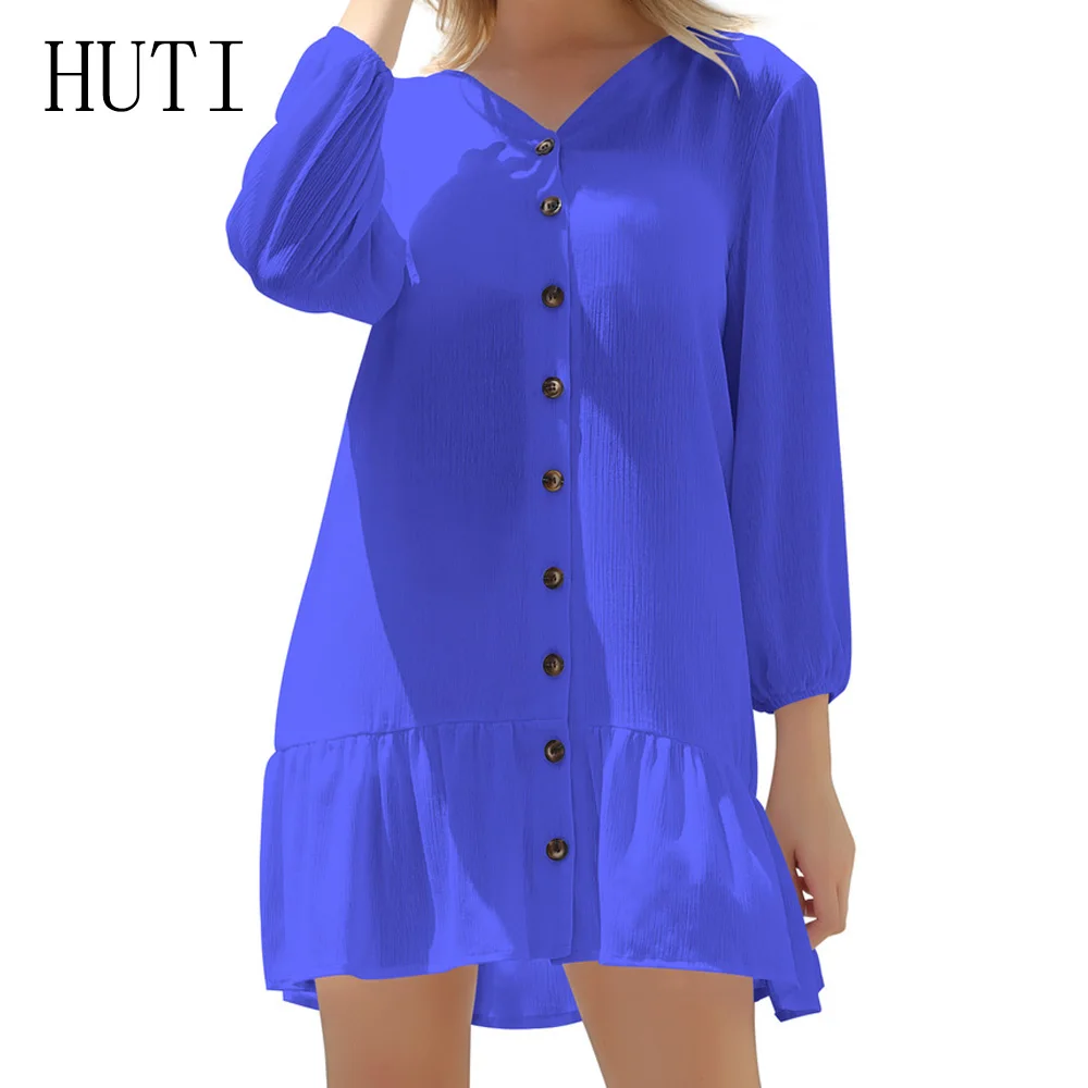 

HUTI Mini Summer Package Sleeve V-neck Solid Color Stitching Multi-button Loose Dress Elegant Women Casual Harajuku Style Dress