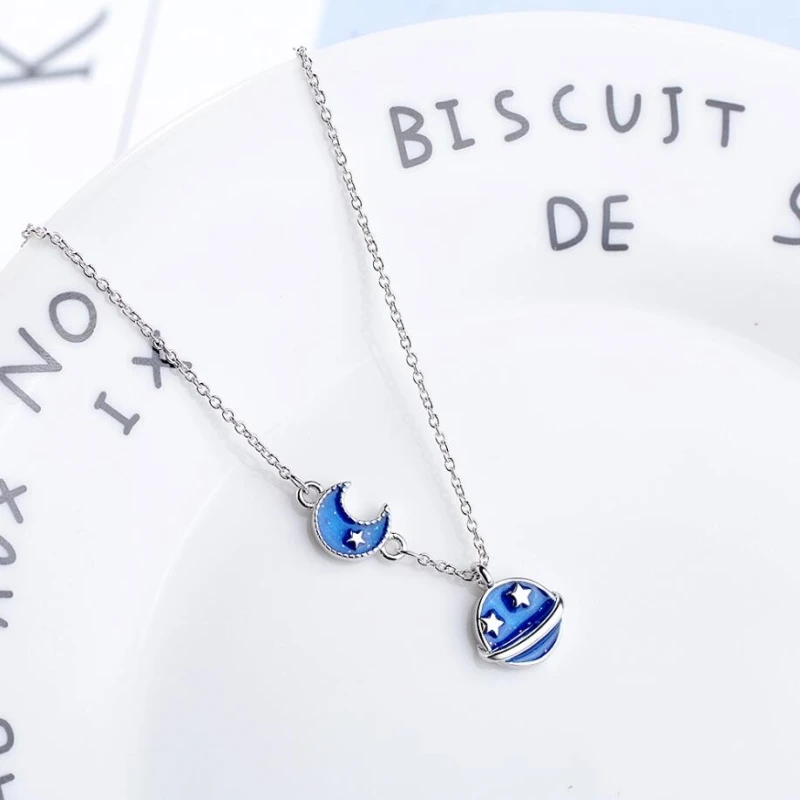 

Blue Simple Student Stars Moon Fresh 925 Sterling Silver Clavicle Chain Literary Personality Female Necklace SNE365