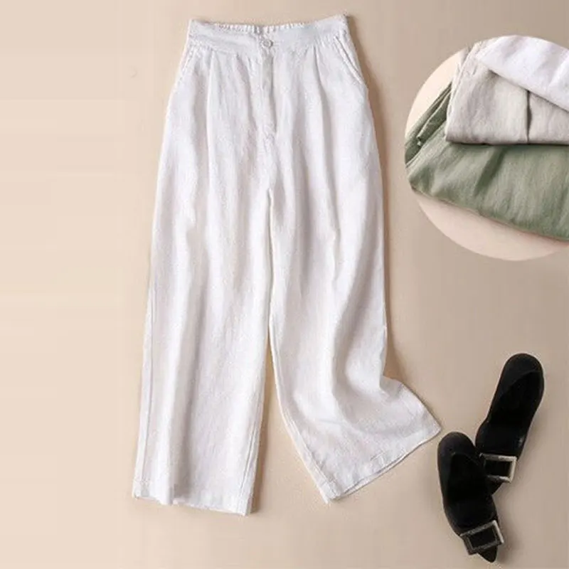 

F&je New Summer Women Wide Leg Pants Plus Size Elastic Waist Solid Cotton Linen Pants Loose Casual Ankle-length Pants D55