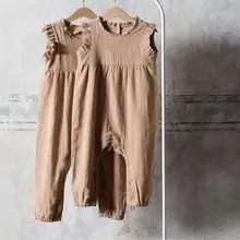 Ins/Детские комбинезоны в европейском и американском стиле для маленьких девочек, милая модная детская летняя одежда с оборками, льняная одежда