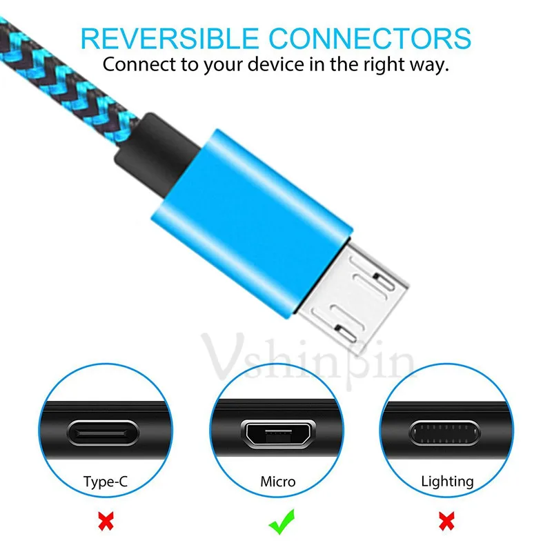 Vshinbin 2 قطع مايكرو usb مزامنة بيانات شاحن كابل لسامسونج xiaomi هواوي المعمرة نايلون سلك الروبوت جهاز الكابلات 1 متر 2 متر 3 متر