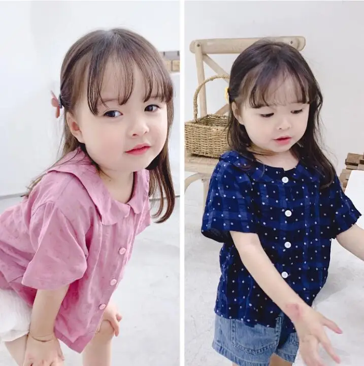 

2019 New Girls Dots Shirt Short Sleeve Summer Cotton Fashion Girls Blouses 1-6t PV78