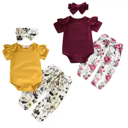 Топы с короткими рукавами для новорожденных и маленьких девочек, комбинезон с цветным узором, штаны, комплект из 3 предметов для детей 0-24