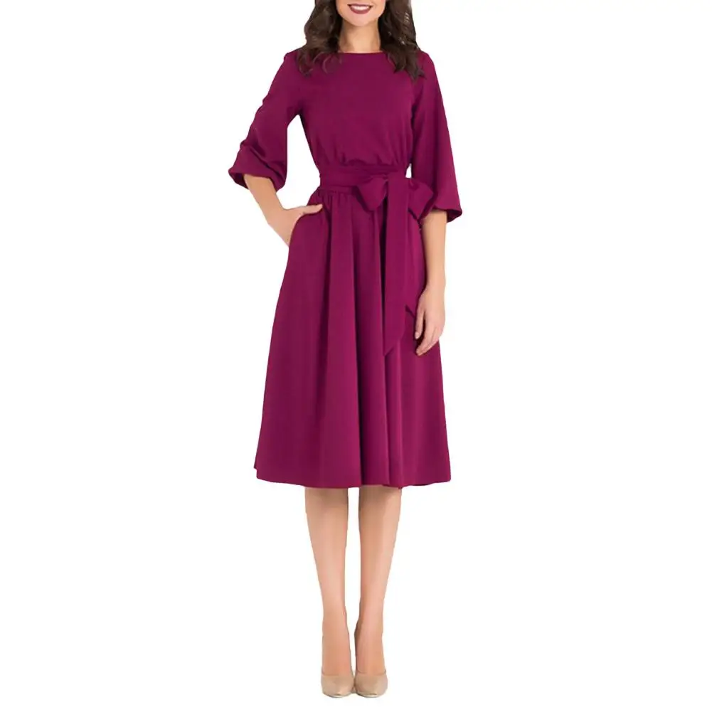 

Women Fashion Elegant Solid Color Half Sleeve Round Neck Midi Dress with Waist Strap