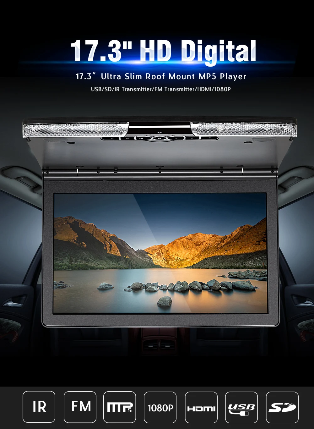 Монитор крыши автомобиля 17," FHD цифровой экран откидной потолочный монитор HDMI USB SD IR FM передатчик динамик потолочный ТВ для автомобиля